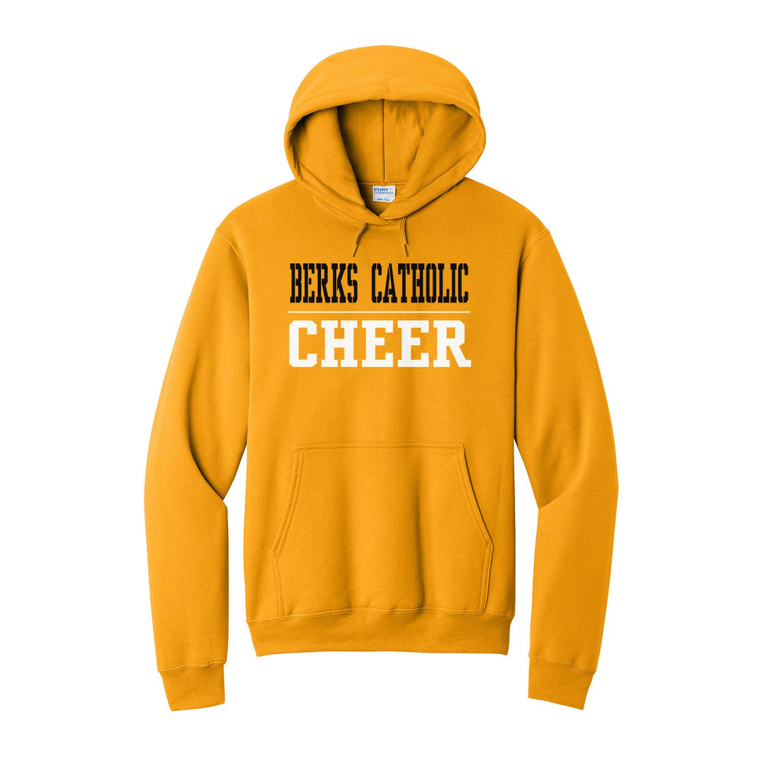 Berks Catholic Saints Sport or Activity hoodie in Gold: BERKS CATHOLIC over a thin rule and CHEER (your sport or activity) in block letters