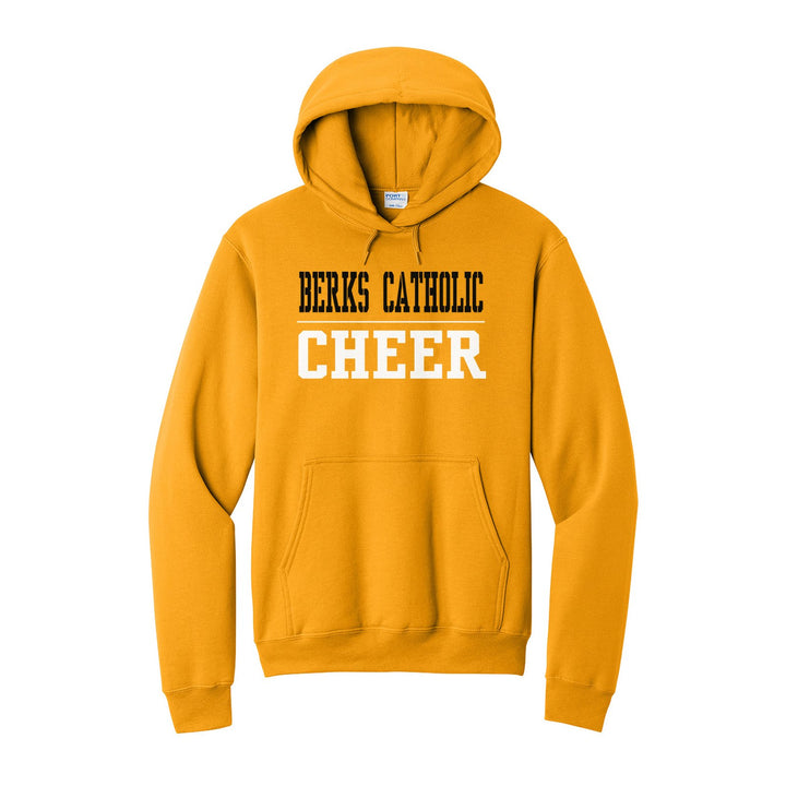 Berks Catholic Saints Sport or Activity hoodie in Gold: BERKS CATHOLIC over a thin rule and CHEER (your sport or activity) in block letters