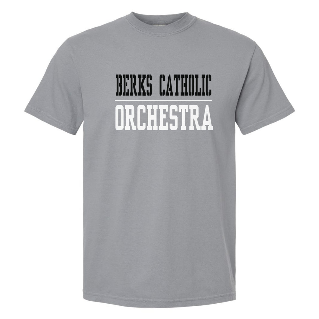 Berks Catholic Saints Sport or Activity comfort colors t-shirt in Granite: BERKS CATHOLIC over a thin rule and ORCHESTRA (your sport or activity) in block letters