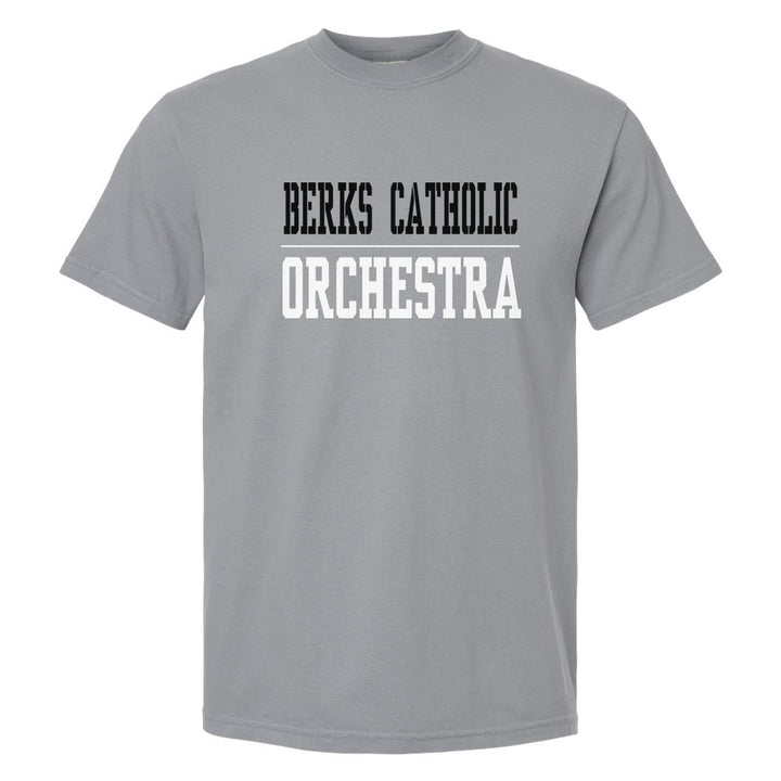 Berks Catholic Saints Sport or Activity comfort colors t-shirt in Granite: BERKS CATHOLIC over a thin rule and ORCHESTRA (your sport or activity) in block letters