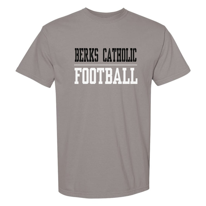 Berks Catholic Saints Sport or Activity comfort colors t-shirt in Grey: BERKS CATHOLIC over a thin rule and FOOTBALL (your sport or activity) in block letters