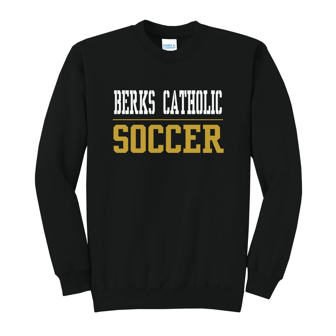 Berks Catholic Saints Sport or Activity crewneck sweatshirt in Jet Black: BERKS CATHOLIC over a thin rule and SOCCER (your sport or activity) in block letters
