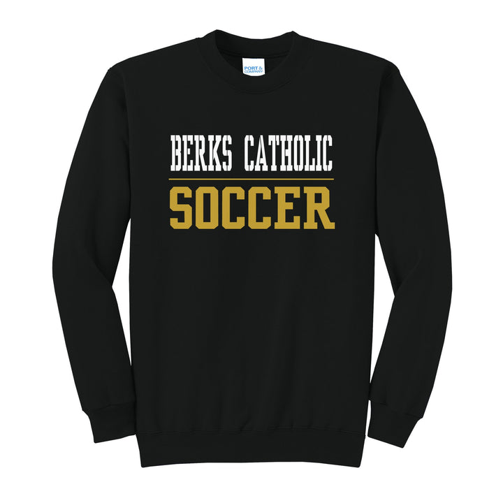 Berks Catholic Saints Sport or Activity crewneck sweatshirt in Jet Black: BERKS CATHOLIC over a thin rule and SOCCER (your sport or activity) in block letters