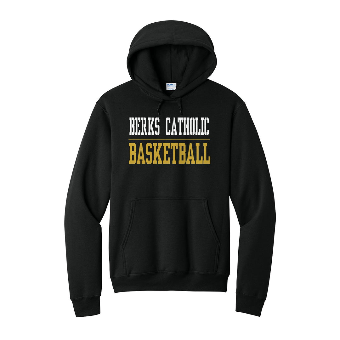 Berks Catholic Saints Sport or Activity hoodie in Jet Black: BERKS CATHOLIC over a thin rule and BASKETBALL (your sport or activity) in block letters