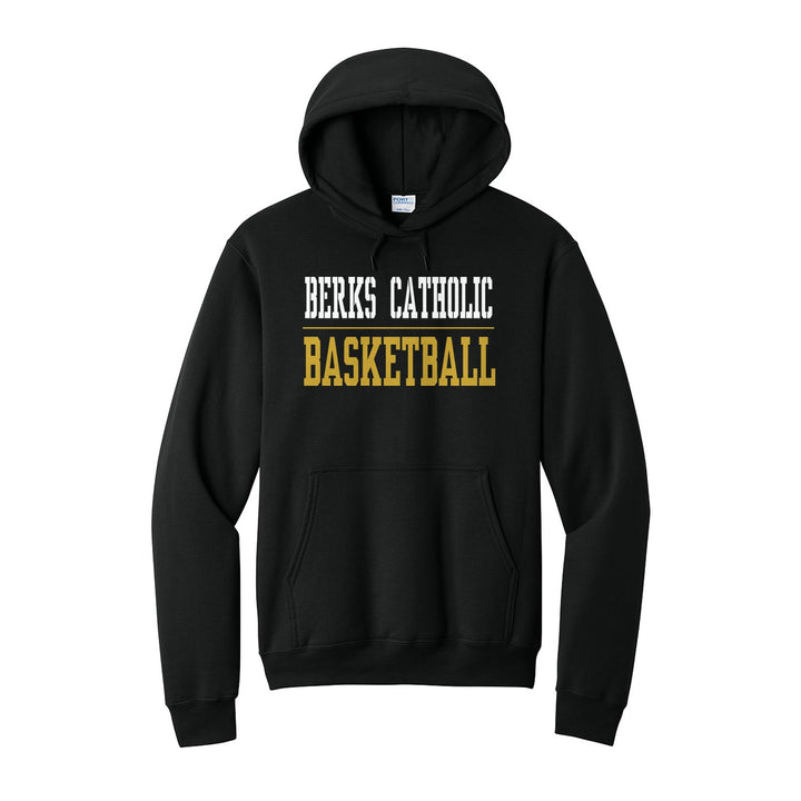 Berks Catholic Saints Sport or Activity hoodie in Jet Black: BERKS CATHOLIC over a thin rule and BASKETBALL (your sport or activity) in block letters