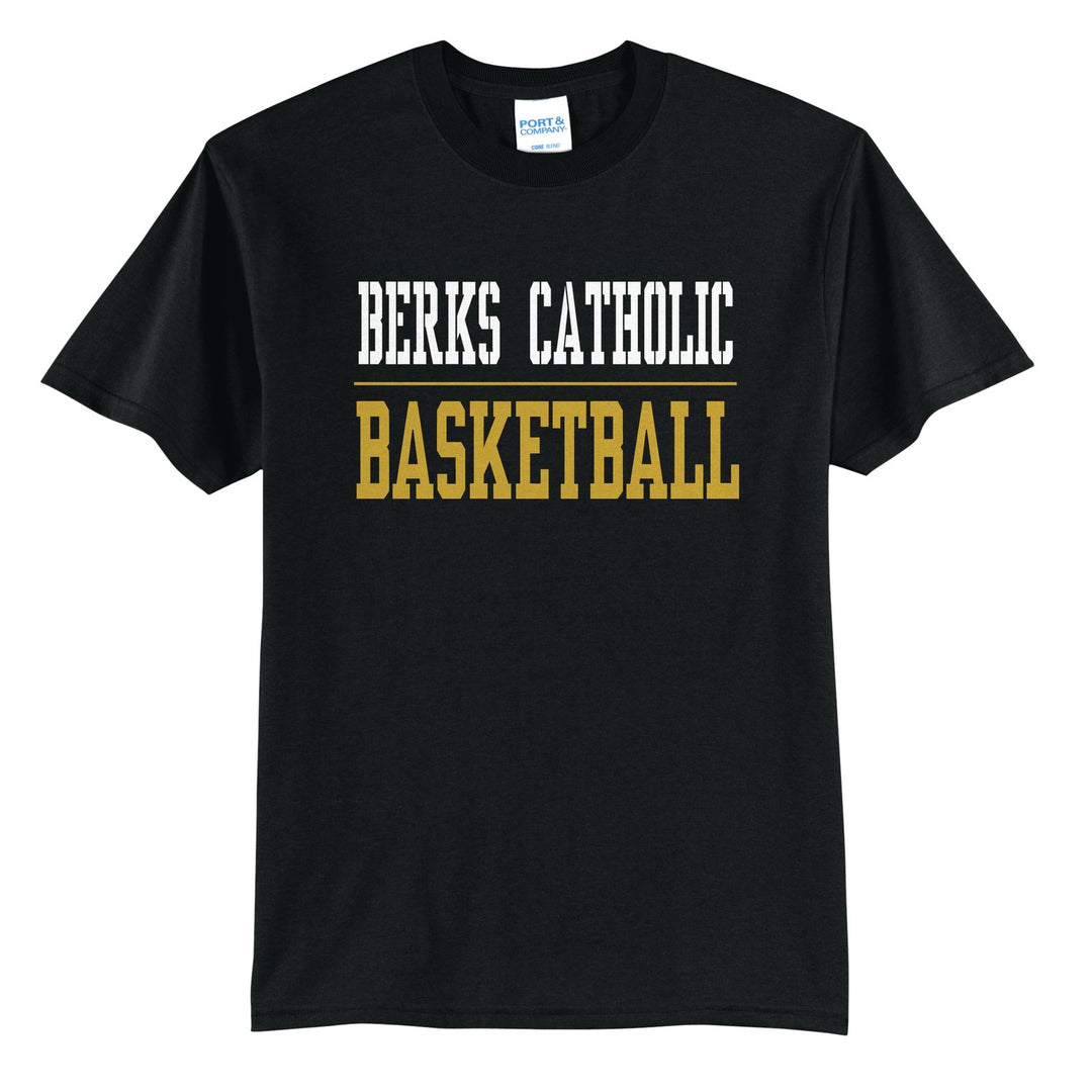 Berks Catholic Saints Sport or Activity t-shirt in Jet Black: BERKS CATHOLIC over a thin rule and BASKETBALL (your sport or activity) in block letters