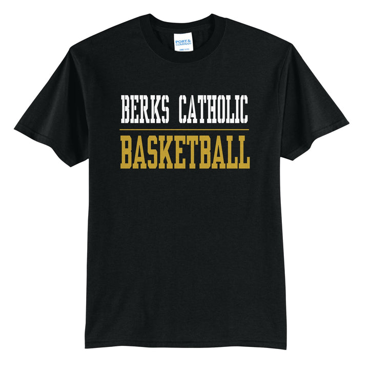 Berks Catholic Saints Sport or Activity t-shirt in Jet Black: BERKS CATHOLIC over a thin rule and BASKETBALL (your sport or activity) in block letters