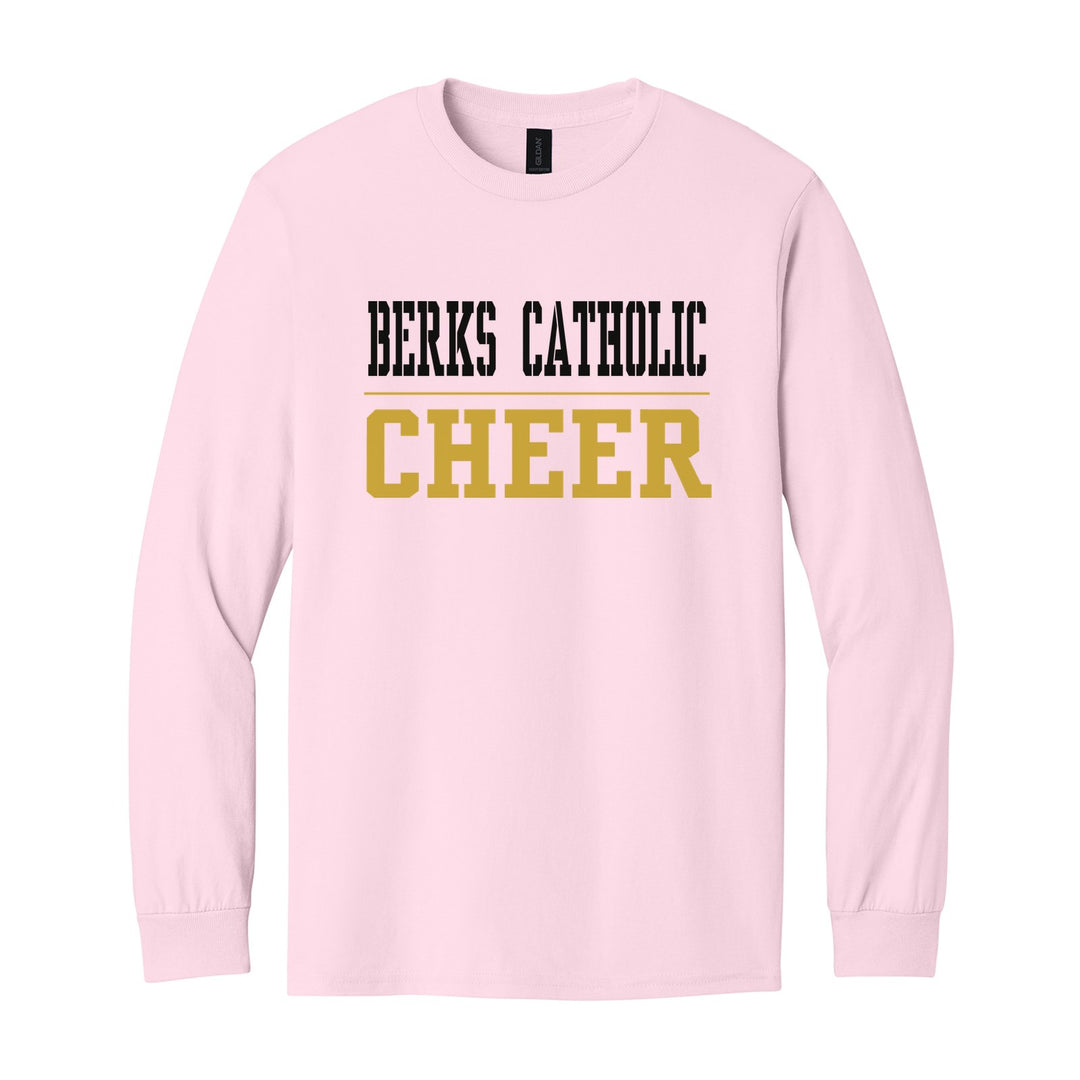 Berks Catholic Saints Sport or Activity long sleeve t-shirt in Light Pink: BERKS CATHOLIC over a thin rule and CHEER (your sport or activity) in block letters
