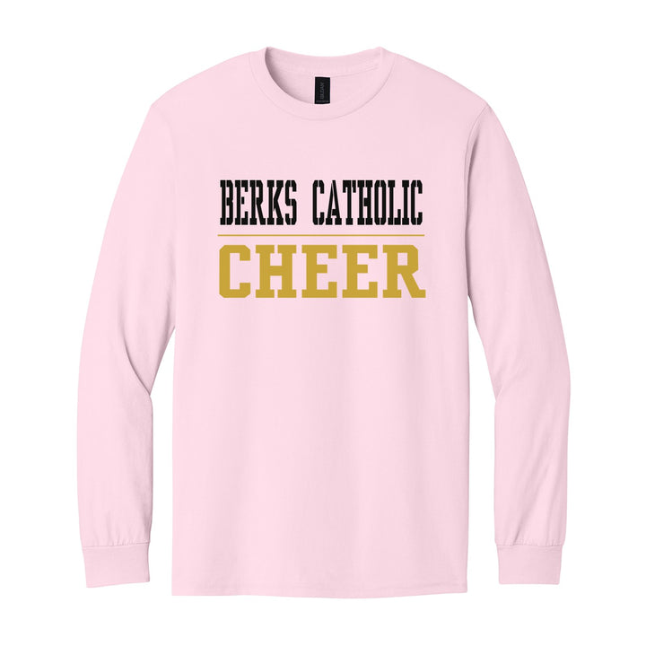 Berks Catholic Saints Sport or Activity long sleeve t-shirt in Light Pink: BERKS CATHOLIC over a thin rule and CHEER (your sport or activity) in block letters