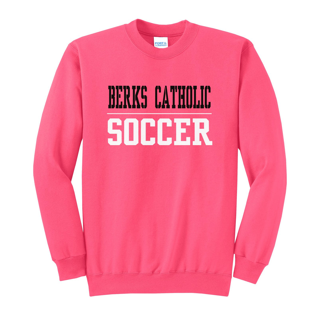 Berks Catholic Saints Sport or Activity crewneck sweatshirt in Neon Pink: BERKS CATHOLIC over a thin rule and SOCCER (your sport or activity) in block letters