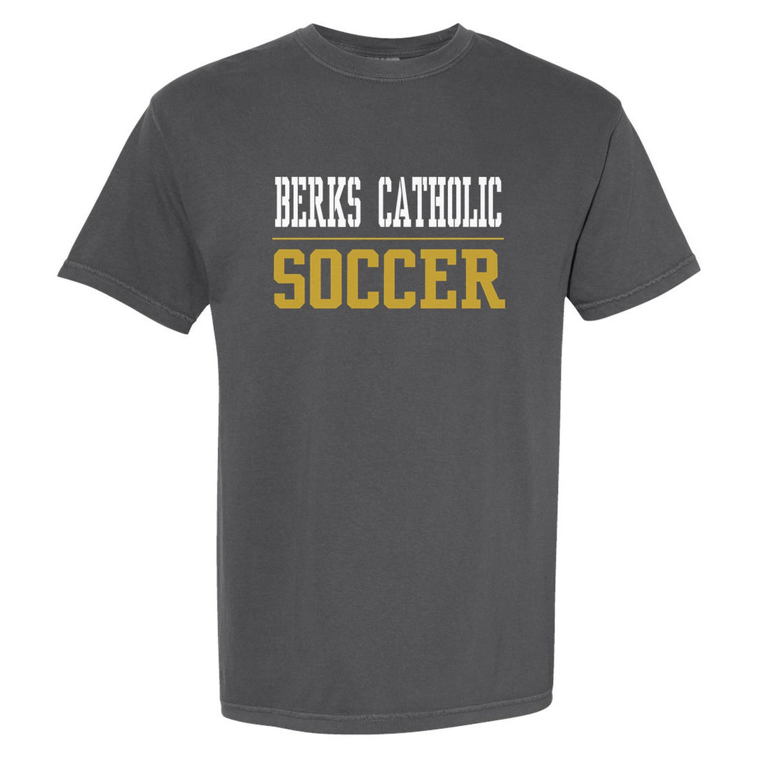 Berks Catholic Saints Sport or Activity comfort colors t-shirt in Pepper: BERKS CATHOLIC over a thin rule and SOCCER (your sport or activity) in block letters