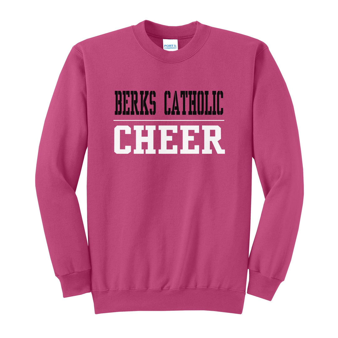Berks Catholic Saints Sport or Activity crewneck sweatshirt in Sangria: BERKS CATHOLIC over a thin rule and CHEER (your sport or activity) in block letters