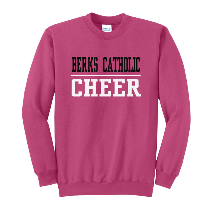 Berks Catholic Saints Sport or Activity crewneck sweatshirt in Sangria: BERKS CATHOLIC over a thin rule and CHEER (your sport or activity) in block letters