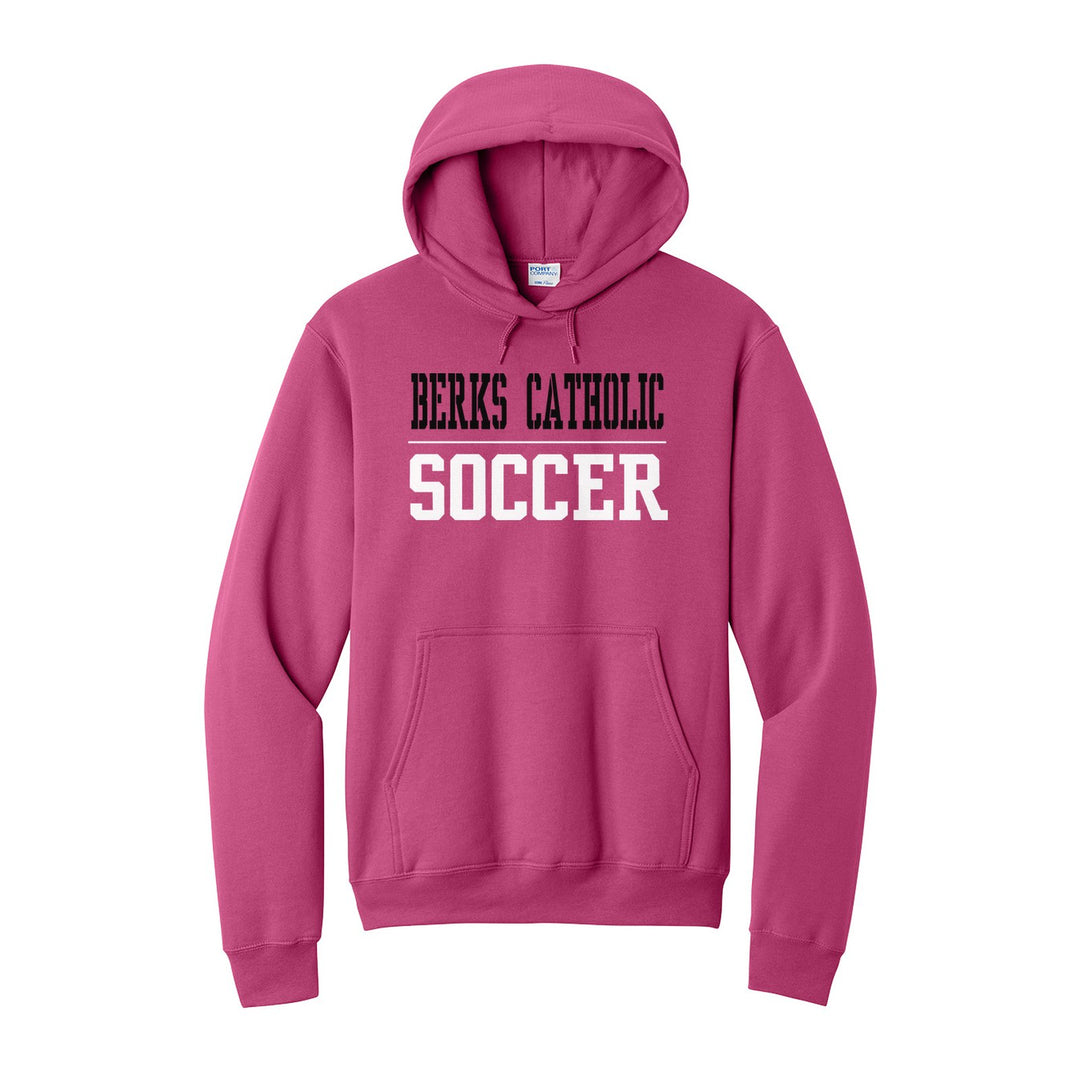 Berks Catholic Saints Sport or Activity hoodie in Sangria: BERKS CATHOLIC over a thin rule and SOCCER (your sport or activity) in block letters