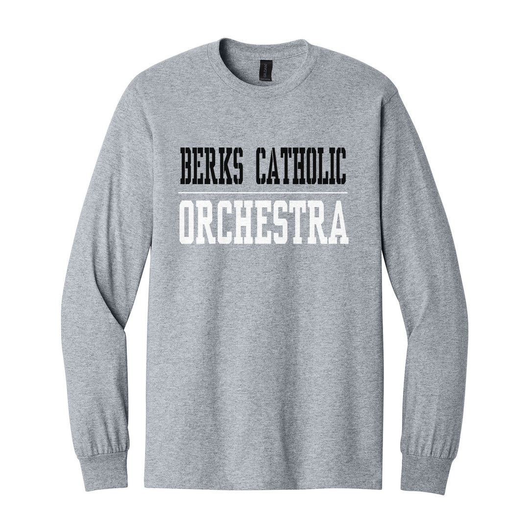 Berks Catholic Saints Sport or Activity long sleeve t-shirt in Sport Grey: BERKS CATHOLIC over a thin rule and ORCHESTRA (your sport or activity) in block letters