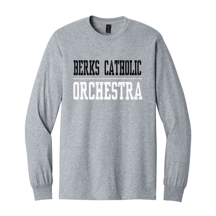 Berks Catholic Saints Sport or Activity long sleeve t-shirt in Sport Grey: BERKS CATHOLIC over a thin rule and ORCHESTRA (your sport or activity) in block letters