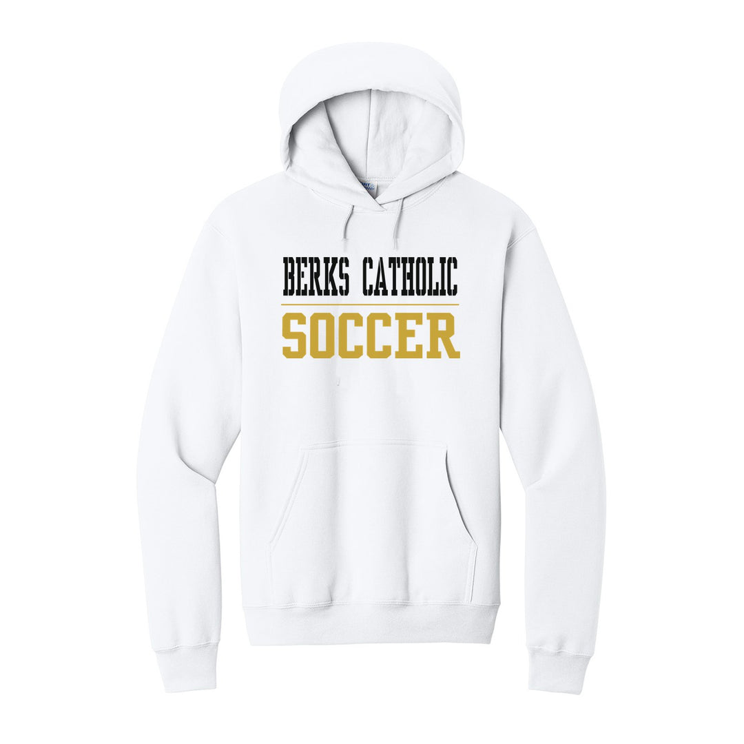 Berks Catholic Saints Sport or Activity hoodie in White: BERKS CATHOLIC over a thin rule and SOCCER (your sport or activity) in block letters