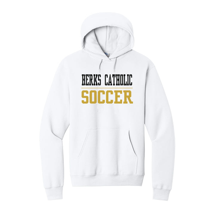 Berks Catholic Saints Sport or Activity hoodie in White: BERKS CATHOLIC over a thin rule and SOCCER (your sport or activity) in block letters