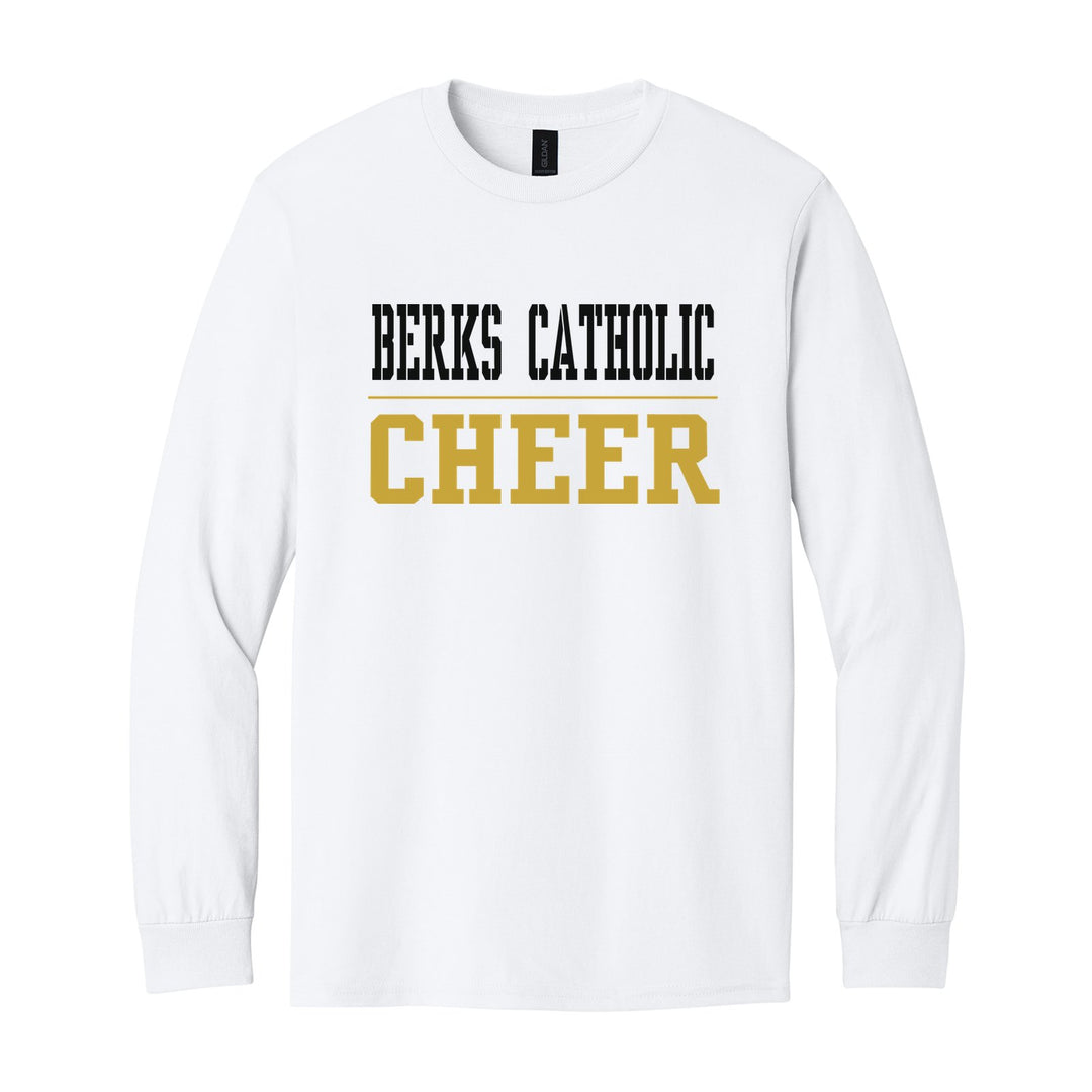 Berks Catholic Saints Sport or Activity long sleeve t-shirt in White: BERKS CATHOLIC over a thin rule and CHEER (your sport or activity) in block letters