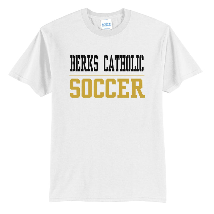 Berks Catholic Saints Sport or Activity t-shirt in White: BERKS CATHOLIC over a thin rule and SOCCER (your sport or activity) in block letters