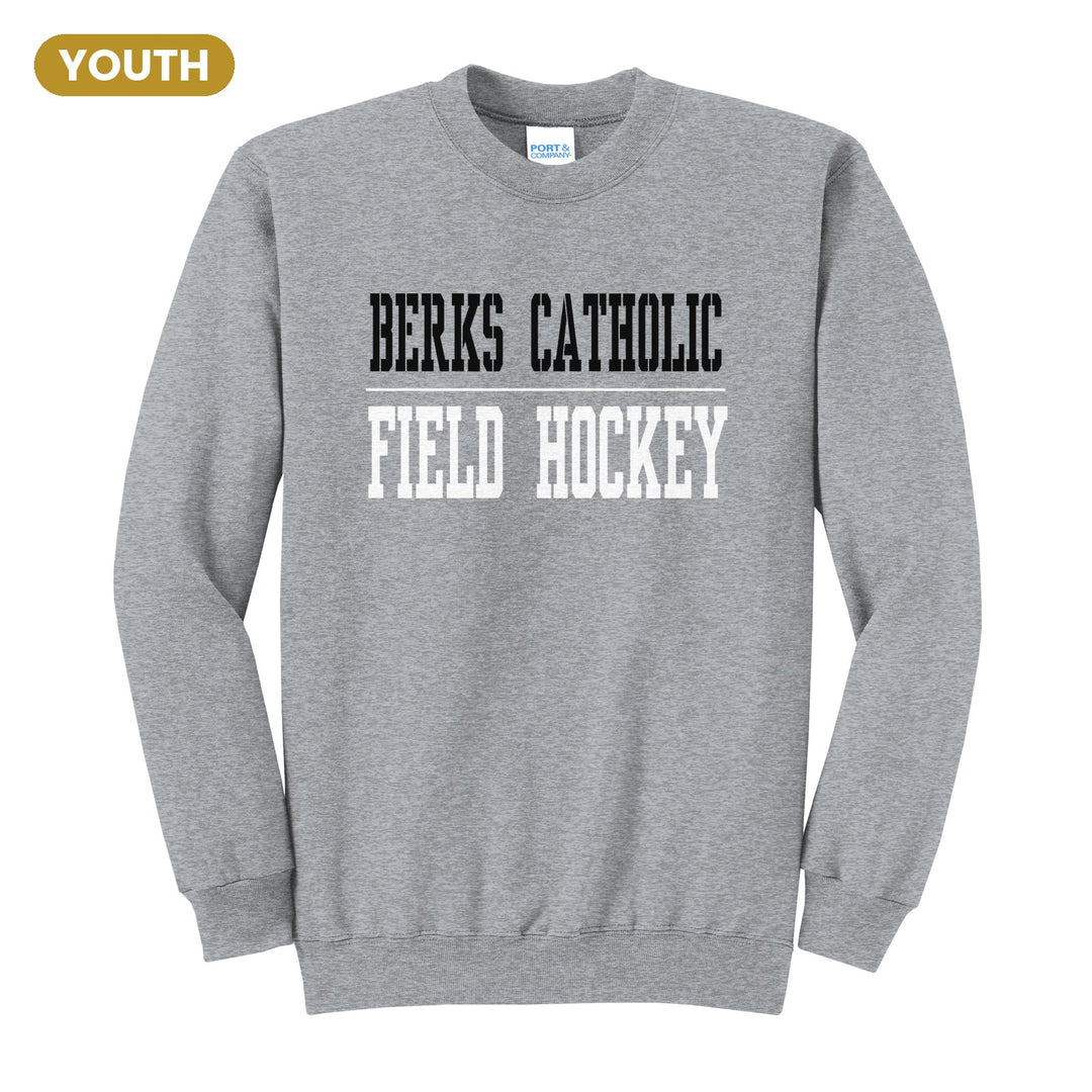 Berks Catholic Saints Sport or Activity youth crewneck sweatshirt in Athletic Heather: BERKS CATHOLIC over a thin rule and FIELD HOCKEY (your sport or activity) in block letters