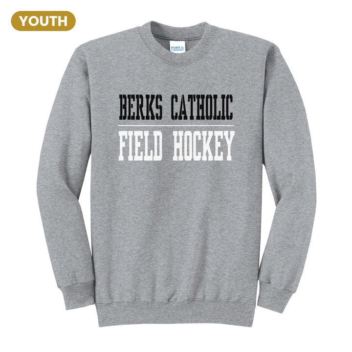 Berks Catholic Saints Sport or Activity youth crewneck sweatshirt in Athletic Heather: BERKS CATHOLIC over a thin rule and FIELD HOCKEY (your sport or activity) in block letters