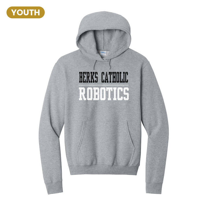 Berks Catholic Saints Sport or Activity youth hoodie in Athletic Heather: BERKS CATHOLIC over a thin rule and ROBOTICS (your sport or activity) in block letters