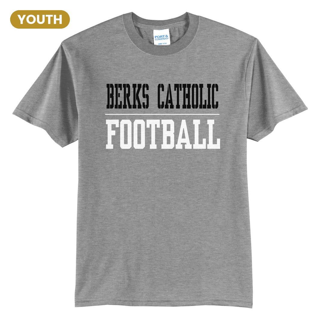 Berks Catholic Saints Sport or Activity youth t-shirt in Athletic Heather: BERKS CATHOLIC over a thin rule and FOOTBALL (your sport or activity) in block letters
