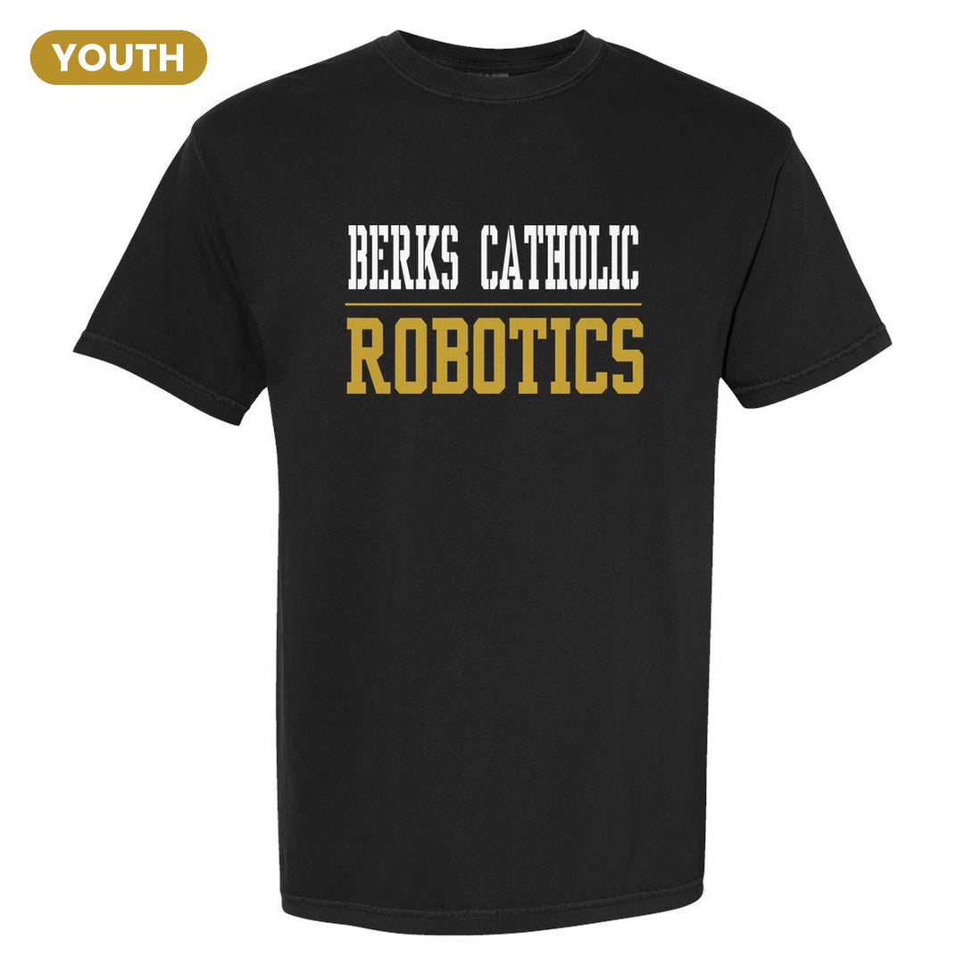 Berks Catholic Saints Sport or Activity youth comfort colors t-shirt in Black: BERKS CATHOLIC over a thin rule and ROBOTICS (your sport or activity) in block letters