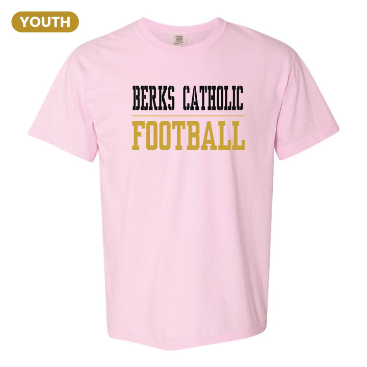 Berks Catholic Saints Sport or Activity youth comfort colors t-shirt in Blossom: BERKS CATHOLIC over a thin rule and FOOTBALL (your sport or activity) in block letters