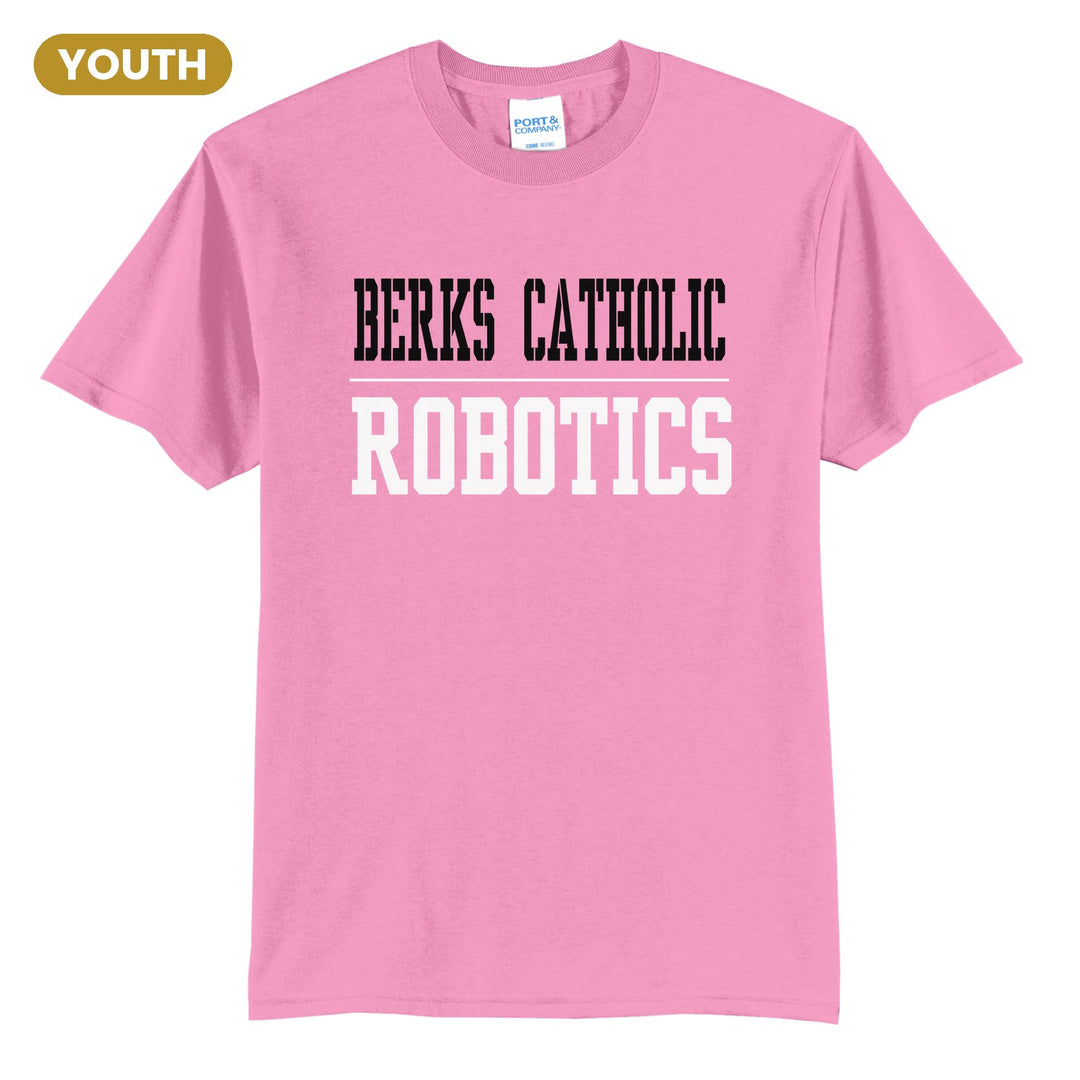 Berks Catholic Saints Sport or Activity youth t-shirt in Candy Pink: BERKS CATHOLIC over a thin rule and ROBOTICS (your sport or activity) in block letters