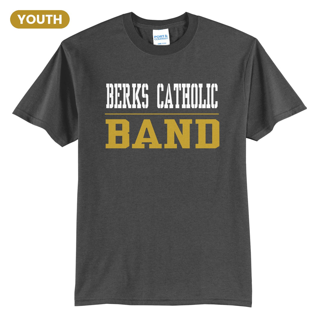 Berks Catholic Saints Sport or Activity youth t-shirt in Charcoal: BERKS CATHOLIC over a thin rule and BAND (your sport or activity) in block letters