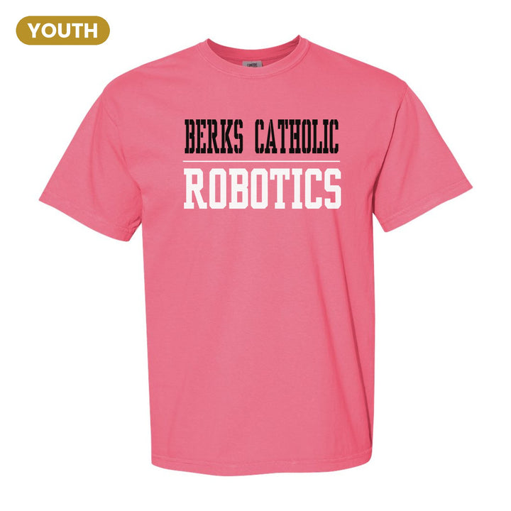 Berks Catholic Saints Sport or Activity youth comfort colors t-shirt in Crunchberry: BERKS CATHOLIC over a thin rule and ROBOTICS (your sport or activity) in block letters