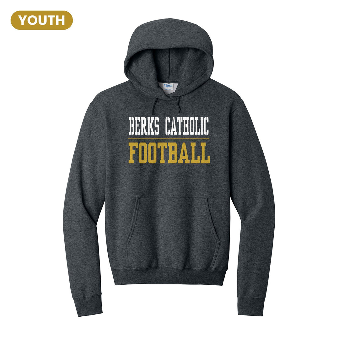Berks Catholic Saints Sport or Activity youth hoodie in Dark Heather Grey: BERKS CATHOLIC over a thin rule and FOOTBALL (your sport or activity) in block letters