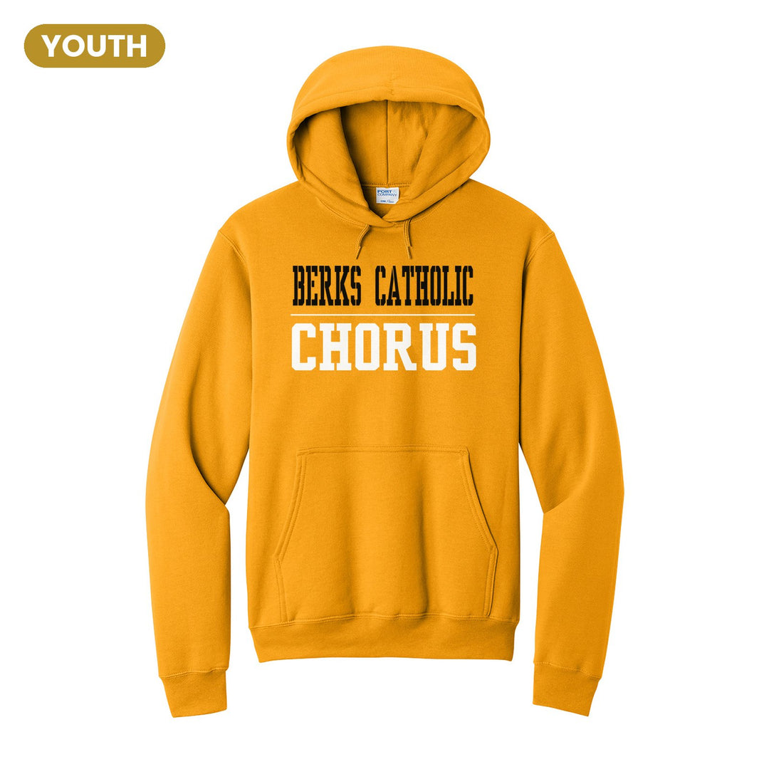 Berks Catholic Saints Sport or Activity youth hoodie in Gold: BERKS CATHOLIC over a thin rule and CHORUS (your sport or activity) in block letters