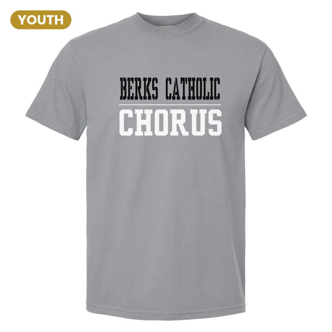 Berks Catholic Saints Sport or Activity youth comfort colors t-shirt in Granite: BERKS CATHOLIC over a thin rule and CHORUS (your sport or activity) in block letters