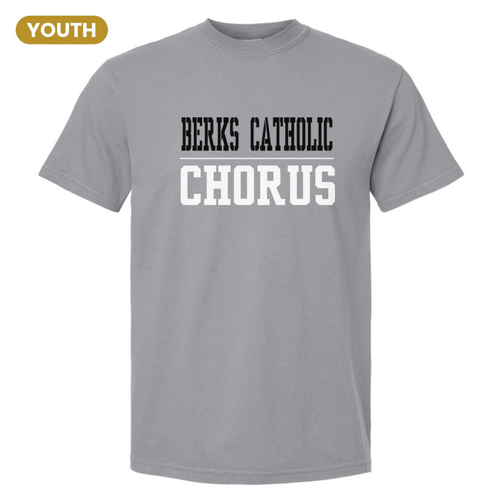 Berks Catholic Saints Sport or Activity youth comfort colors t-shirt in Granite: BERKS CATHOLIC over a thin rule and CHORUS (your sport or activity) in block letters