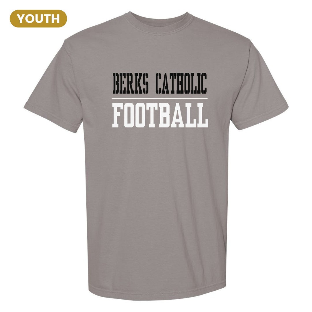 Berks Catholic Saints Sport or Activity youth comfort colors t-shirt in Grey: BERKS CATHOLIC over a thin rule and FOOTBALL (your sport or activity) in block letters