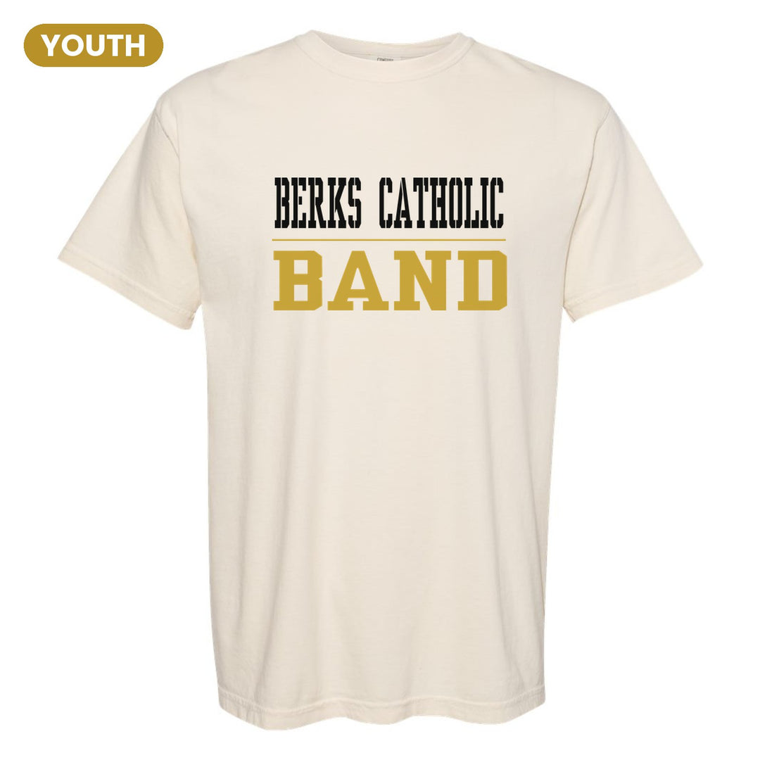 Berks Catholic Saints Sport or Activity youth comfort colors t-shirt in Ivory: BERKS CATHOLIC over a thin rule and BAND (your sport or activity) in block letters
