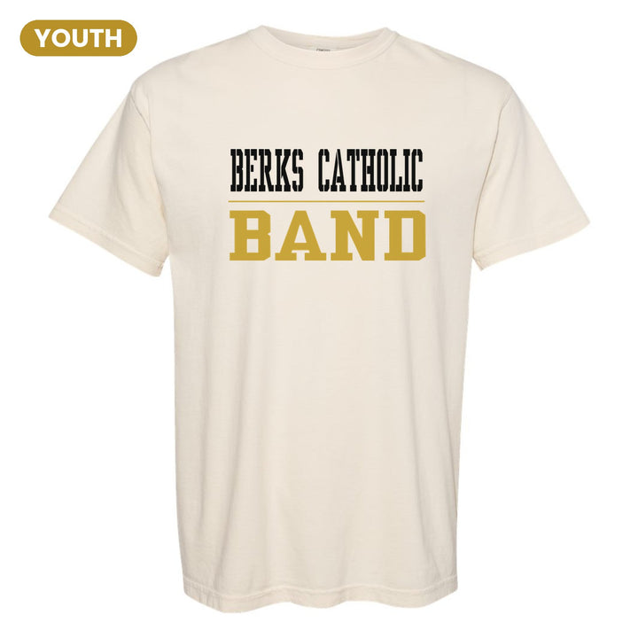 Berks Catholic Saints Sport or Activity youth comfort colors t-shirt in Ivory: BERKS CATHOLIC over a thin rule and BAND (your sport or activity) in block letters