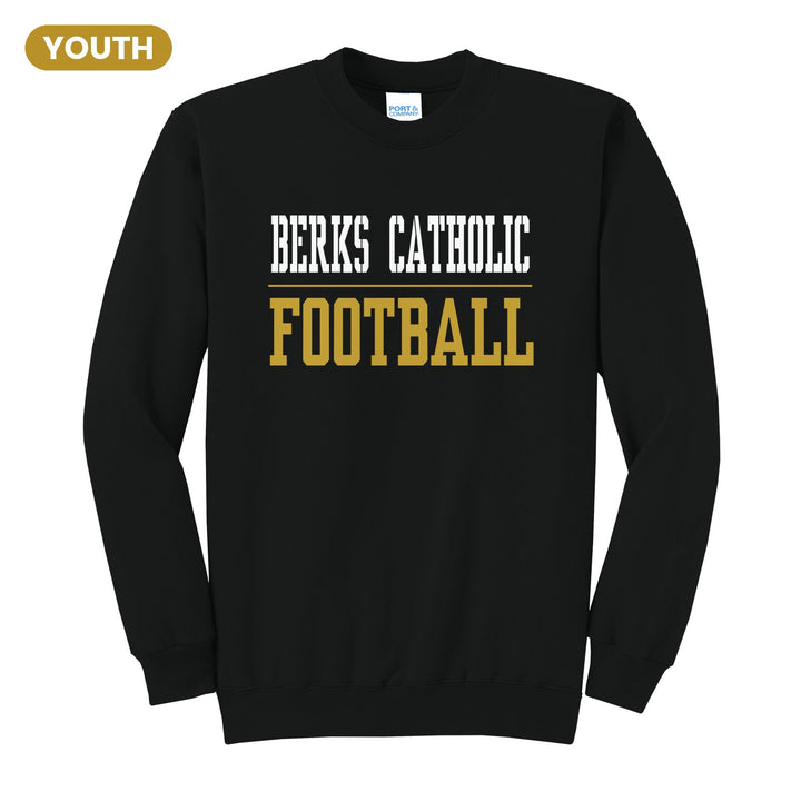 Berks Catholic Saints Sport or Activity youth crewneck sweatshirt in Jet Black: BERKS CATHOLIC over a thin rule and FOOTBALL (your sport or activity) in block letters