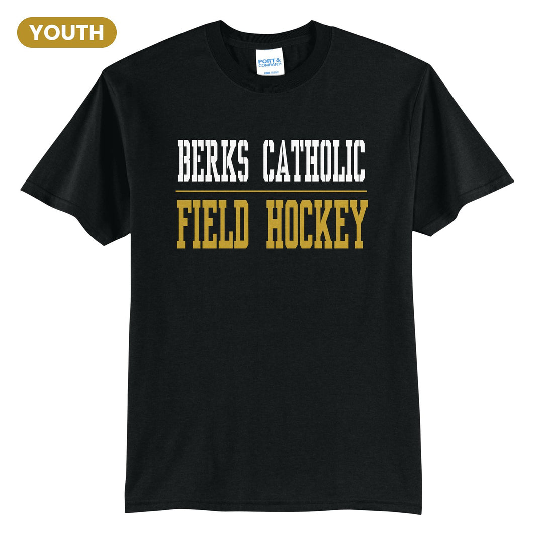 Berks Catholic Saints Sport or Activity youth t-shirt in Jet Black: BERKS CATHOLIC over a thin rule and FIELD HOCKEY (your sport or activity) in block letters