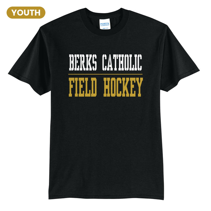 Berks Catholic Saints Sport or Activity youth t-shirt in Jet Black: BERKS CATHOLIC over a thin rule and FIELD HOCKEY (your sport or activity) in block letters