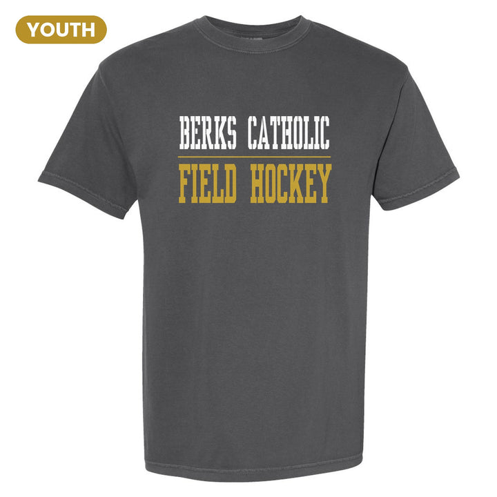 Berks Catholic Saints Sport or Activity youth comfort colors t-shirt in Pepper: BERKS CATHOLIC over a thin rule and FIELD HOCKEY (your sport or activity) in block letters