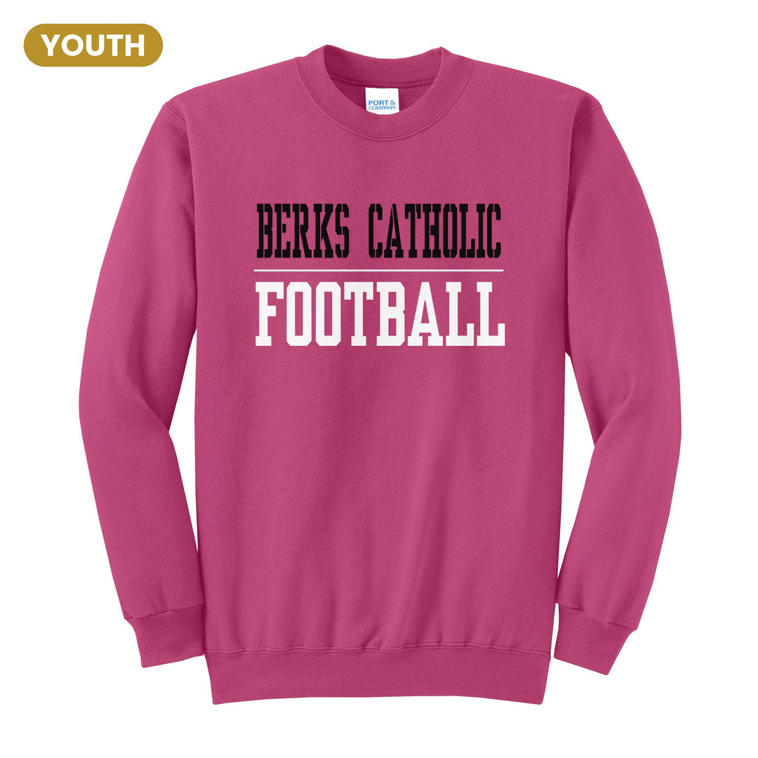 Berks Catholic Saints Sport or Activity youth crewneck sweatshirt in Sangria: BERKS CATHOLIC over a thin rule and FOOTBALL (your sport or activity) in block letters