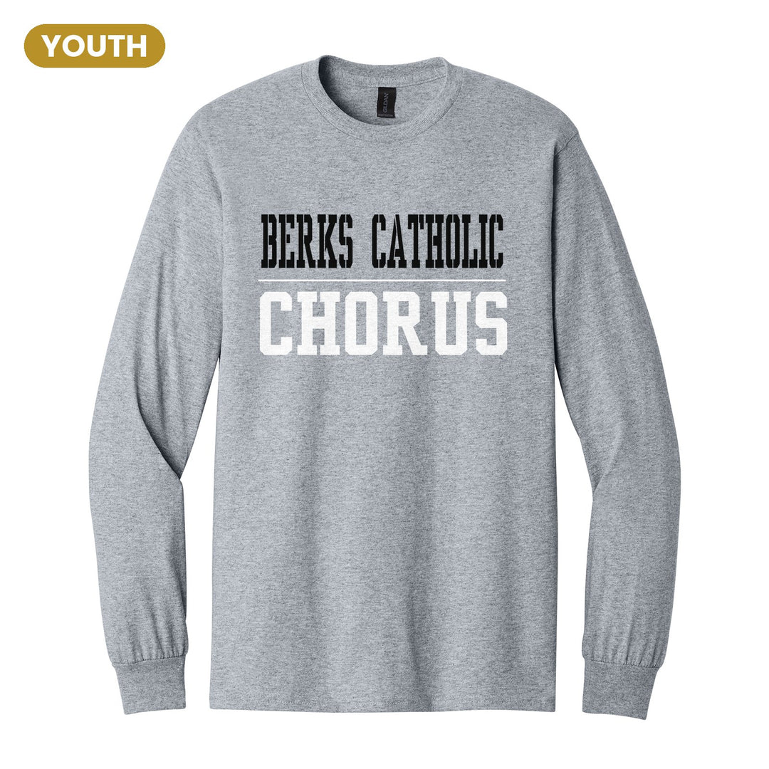 Berks Catholic Saints Sport or Activity youth long sleeve t-shirt in Sport Grey: BERKS CATHOLIC over a thin rule and CHORUS (your sport or activity) in block letters