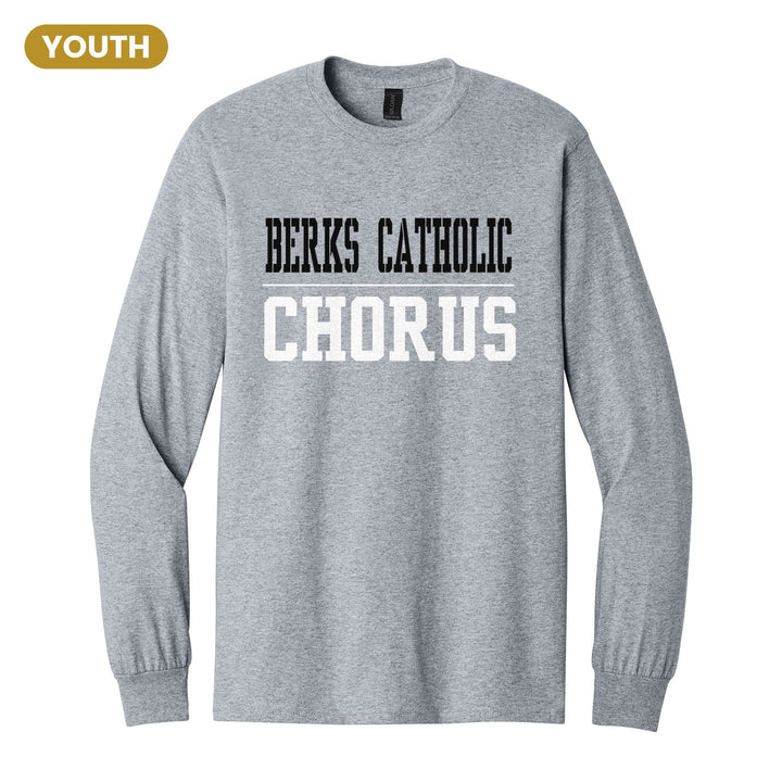 Berks Catholic Saints Sport or Activity youth long sleeve t-shirt in Sport Grey: BERKS CATHOLIC over a thin rule and CHORUS (your sport or activity) in block letters