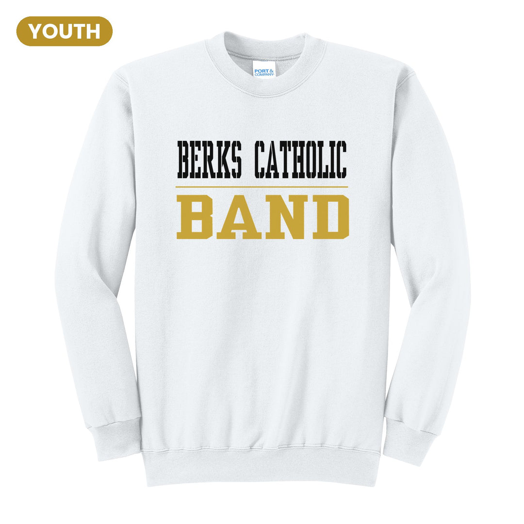 Berks Catholic Saints Sport or Activity youth crewneck sweatshirt in White: BERKS CATHOLIC over a thin rule and BAND (your sport or activity) in block letters
