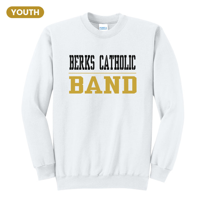 Berks Catholic Saints Sport or Activity youth crewneck sweatshirt in White: BERKS CATHOLIC over a thin rule and BAND (your sport or activity) in block letters