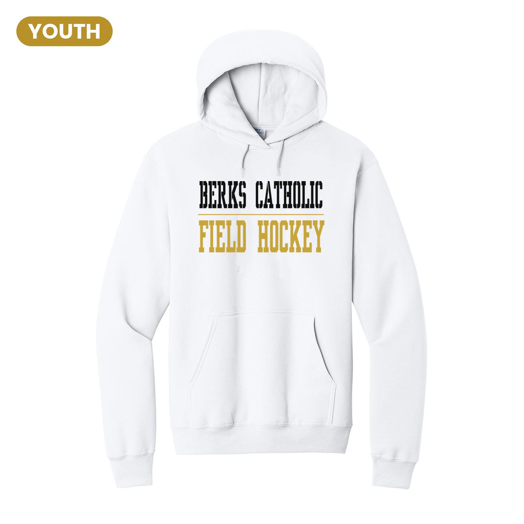 Berks Catholic Saints Sport or Activity youth hoodie in White: BERKS CATHOLIC over a thin rule and FIELD HOCKEY (your sport or activity) in block letters